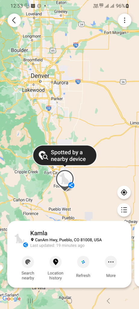 Samsung Tag showing Kamla has reached Colorado