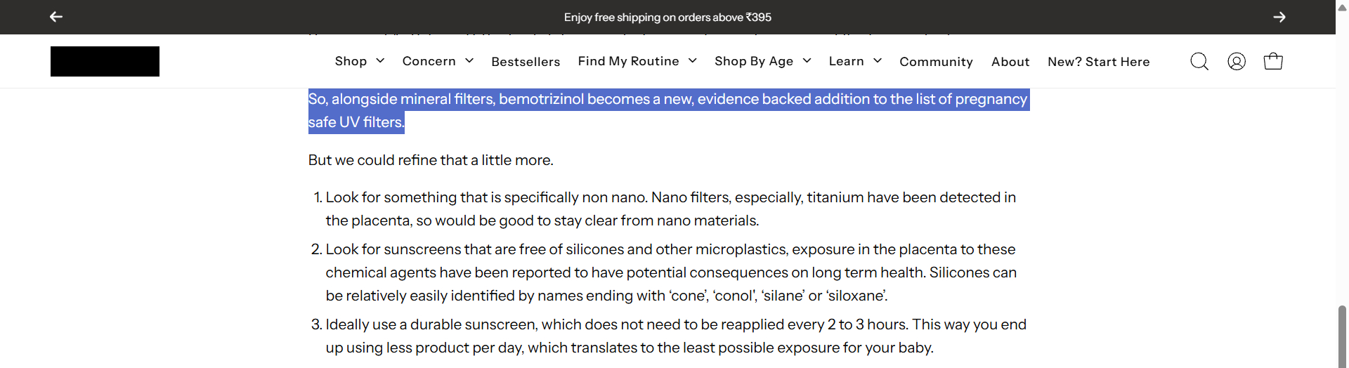 A skincare retailer describing bemotrizinol as an evidence-backed addition to the list of pregnancy-safe UV filters