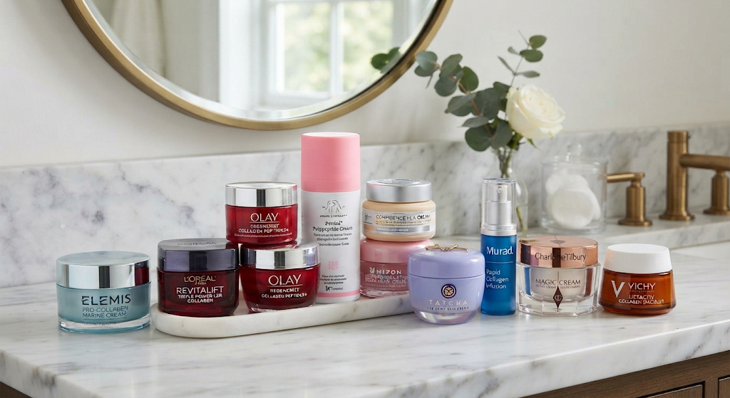 A row of collagen face creams from various brands on a bathroom counter
